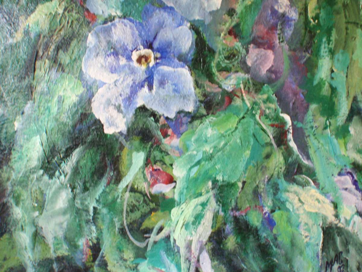 Stunning large original Arlene McDade. Thunbergia Grandiflora. Impressionist, botanical piece.