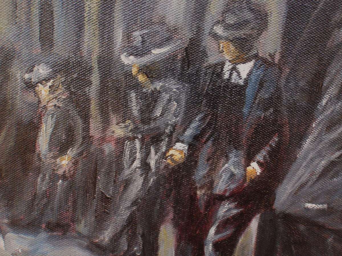Original oil on canvas. Mysterious monochrome piece - men waiting. Excellent impressionist painting.