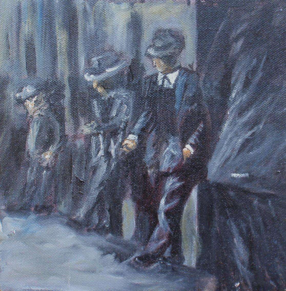 Original oil on canvas. Mysterious monochrome piece - men waiting. Excellent impressionist painting.