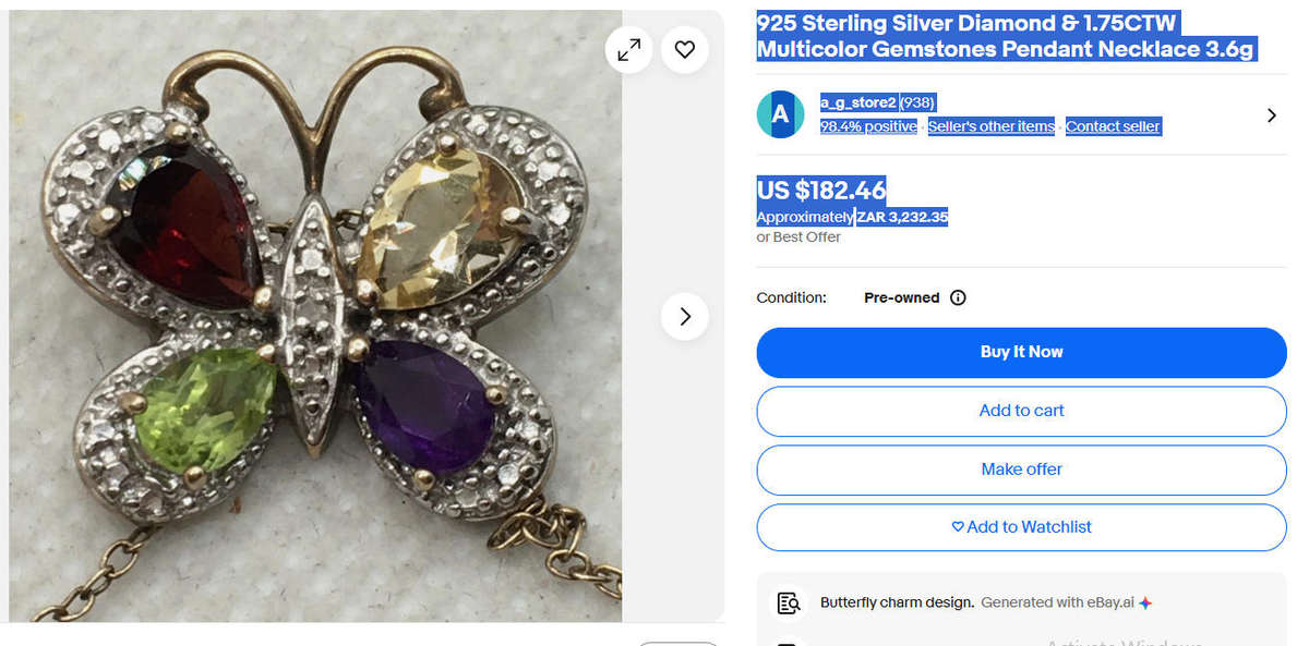 Pretty 925 Sterling Silver and Diamond Chips Butterfly Pendant Necklace with Amethyst & Peridot Gems