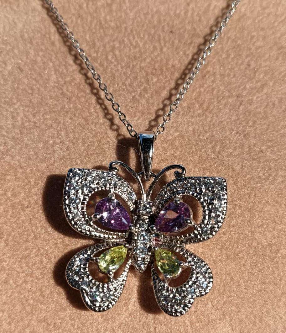 Pretty 925 Sterling Silver and Diamond Chips Butterfly Pendant Necklace with Amethyst & Peridot Gems