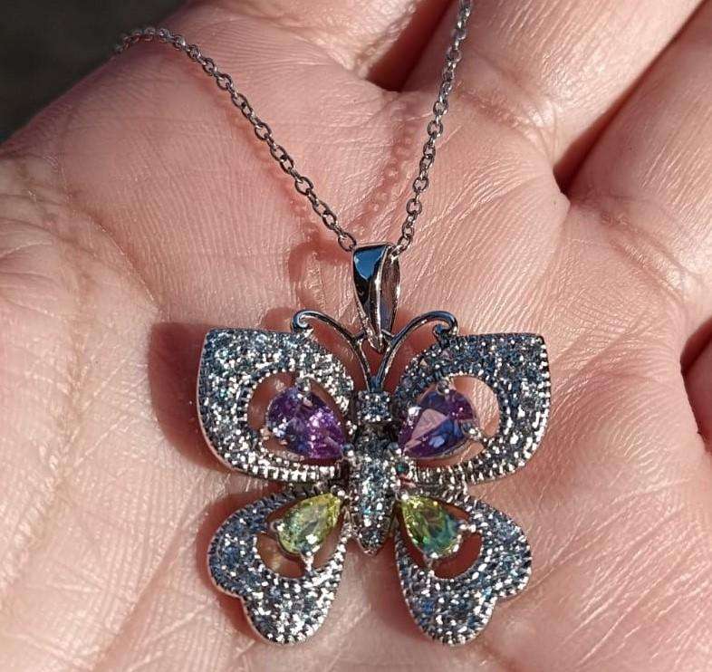 Pretty 925 Sterling Silver and Diamond Chips Butterfly Pendant Necklace with Amethyst & Peridot Gems