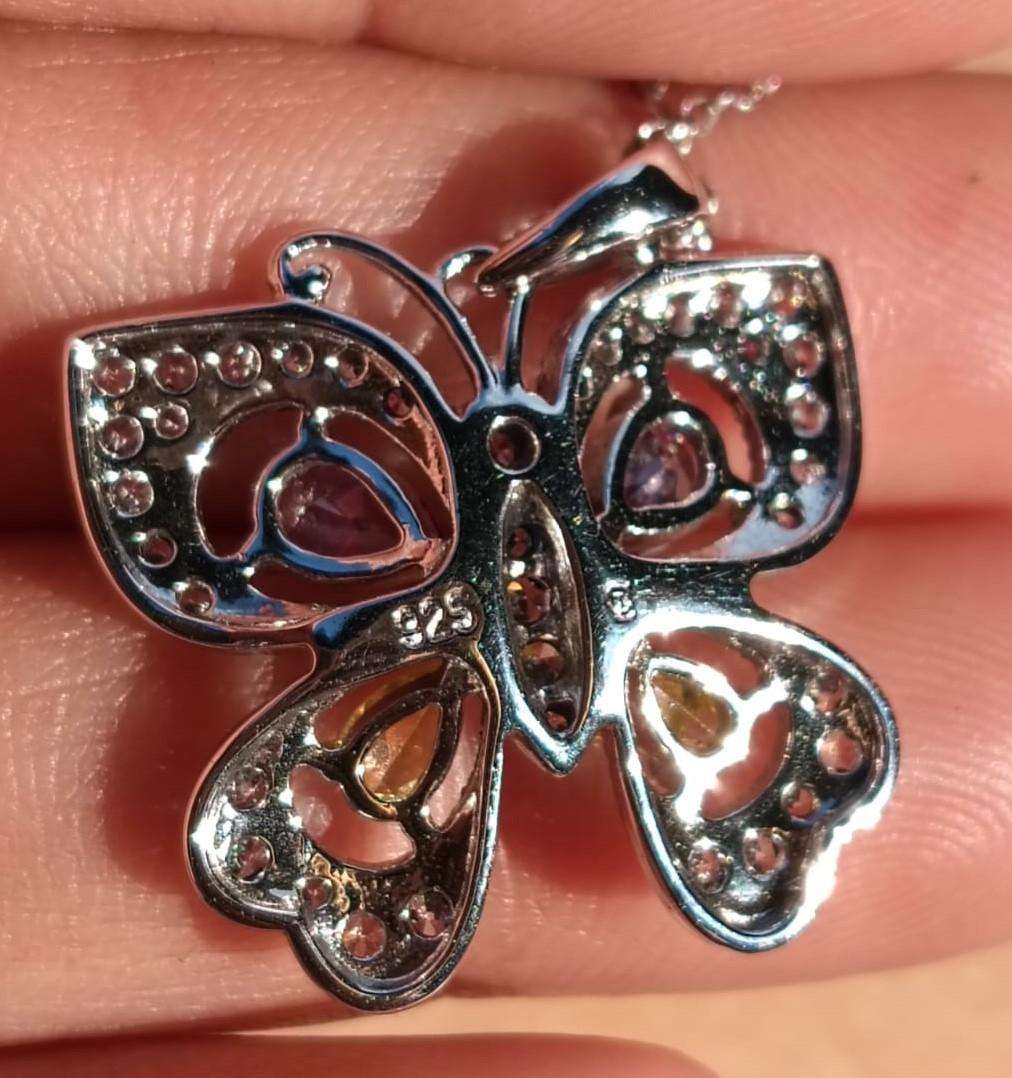 Pretty 925 Sterling Silver and Diamond Chips Butterfly Pendant Necklace with Amethyst & Peridot Gems