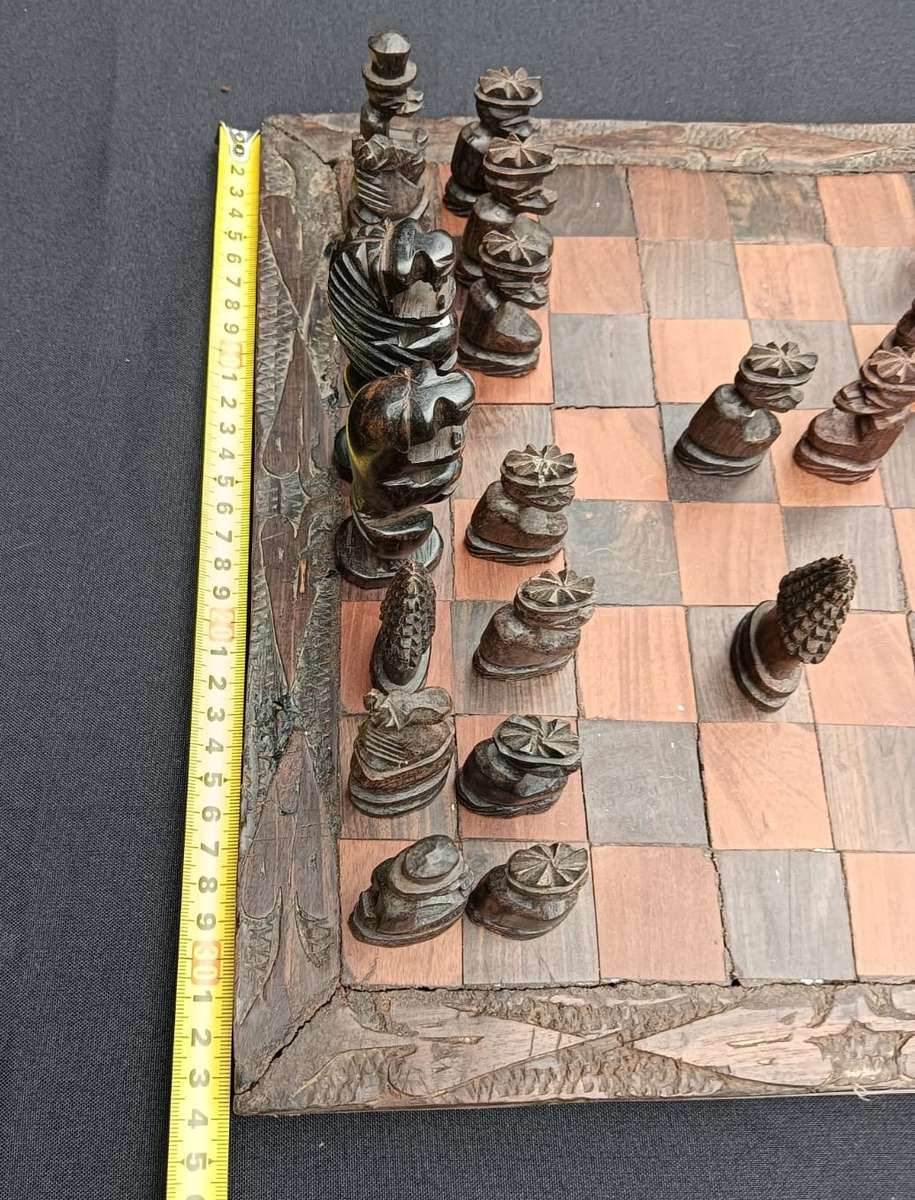 African Hand Carved Wooden Chess Set with Lion King and Queen