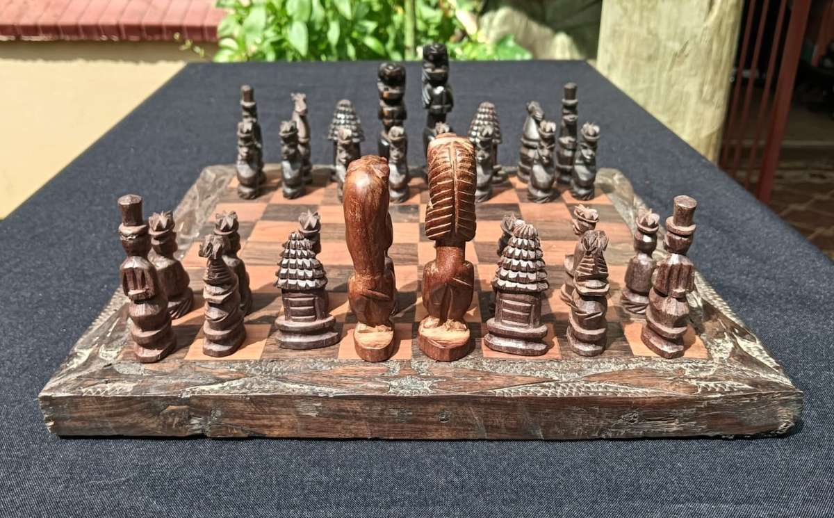 African Hand Carved Wooden Chess Set with Lion King and Queen