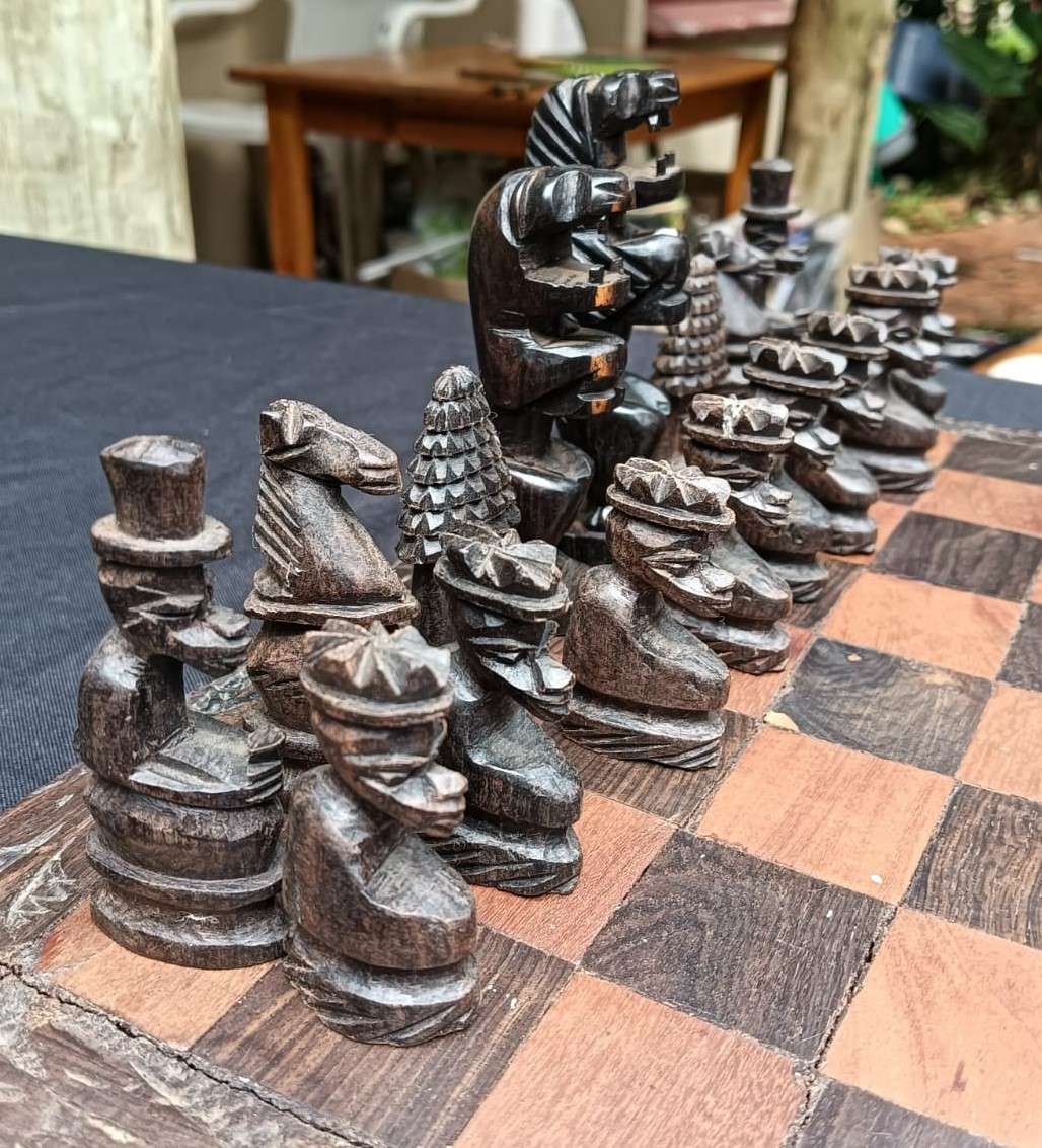 African Hand Carved Wooden Chess Set with Lion King and Queen