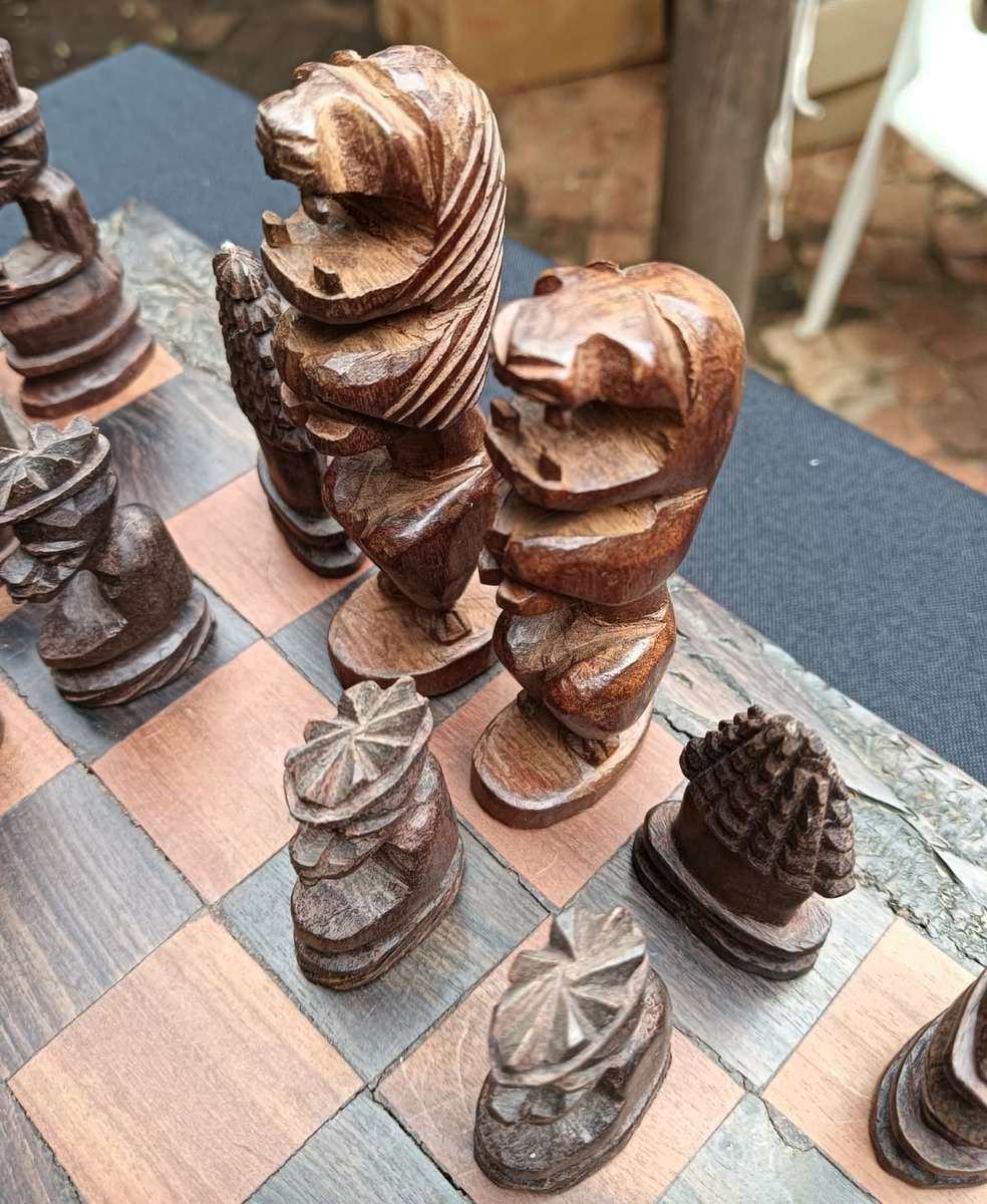 African Hand Carved Wooden Chess Set with Lion King and Queen