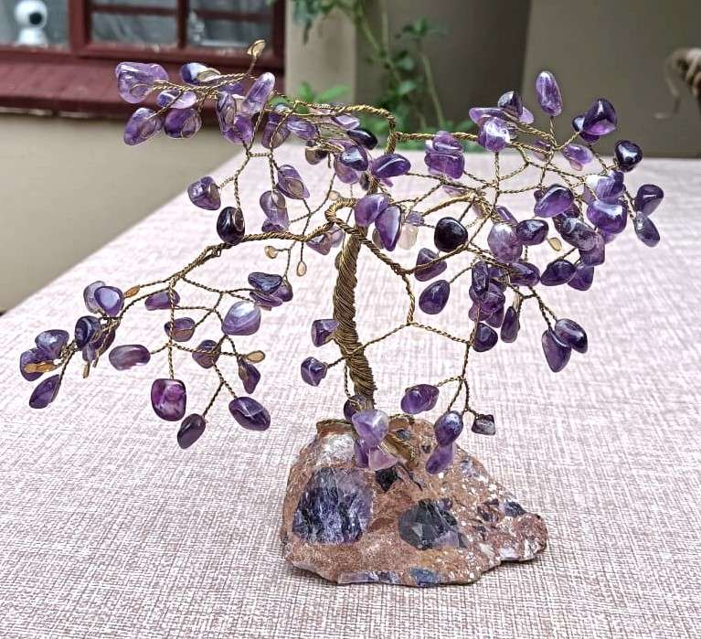 Beautiful Amethyst Gemstone Pebble Bonsai Tree on a Garnet Like Embedded Methamorphic Rock Slab Base