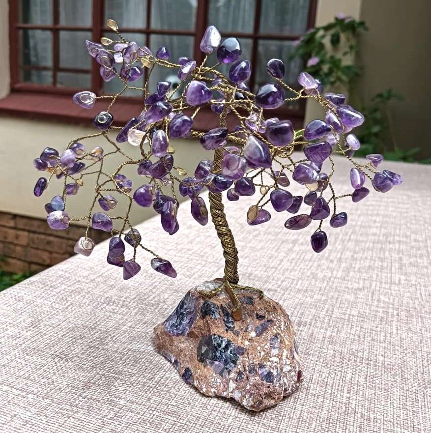 Beautiful Amethyst Gemstone Pebble Bonsai Tree on a Garnet Like Embedded Methamorphic Rock Slab Base