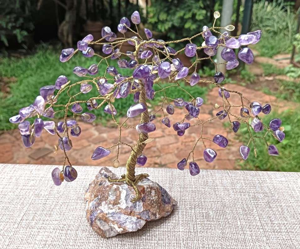 Beautiful Amethyst Gemstone Pebble Bonsai Tree on a Garnet Like Embedded Methamorphic Rock Slab Base