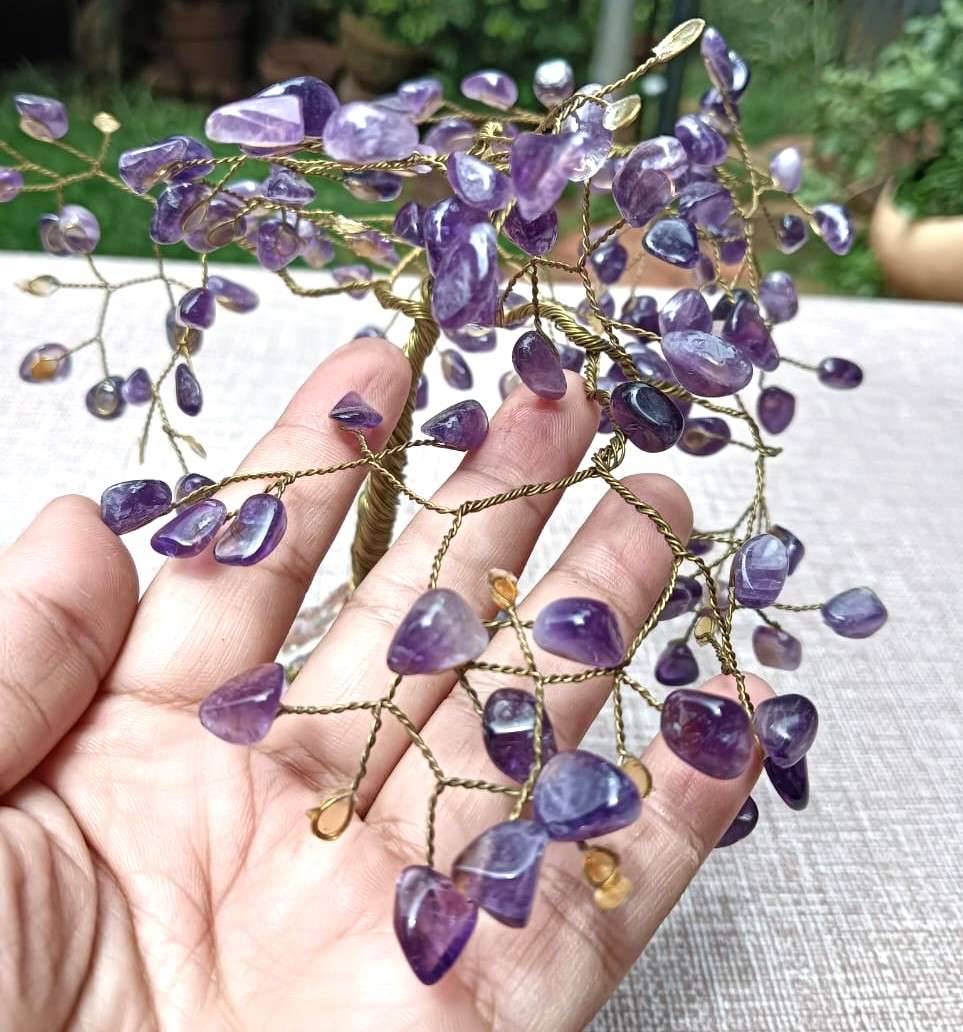 Beautiful Amethyst Gemstone Pebble Bonsai Tree on a Garnet Like Embedded Methamorphic Rock Slab Base