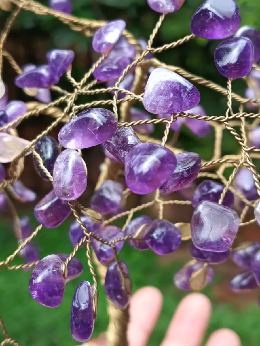 Beautiful Amethyst Gemstone Pebble Bonsai Tree on a Garnet Like Embedded Methamorphic Rock Slab Base