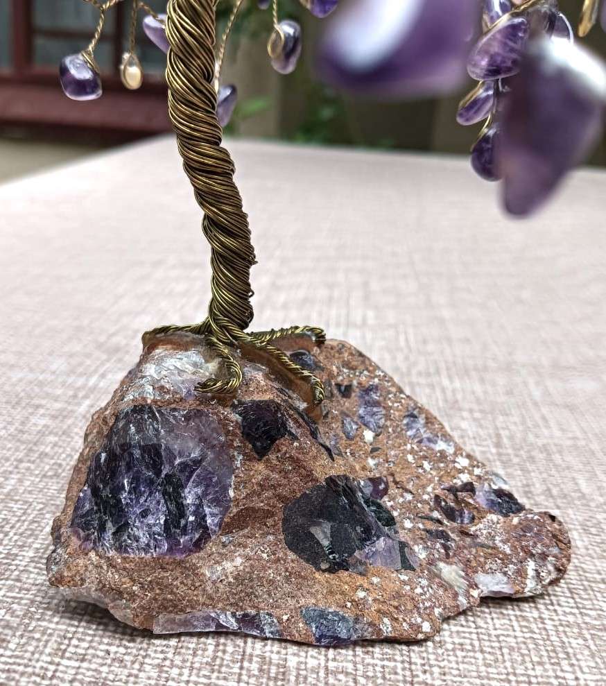 Beautiful Amethyst Gemstone Pebble Bonsai Tree on a Garnet Like Embedded Methamorphic Rock Slab Base