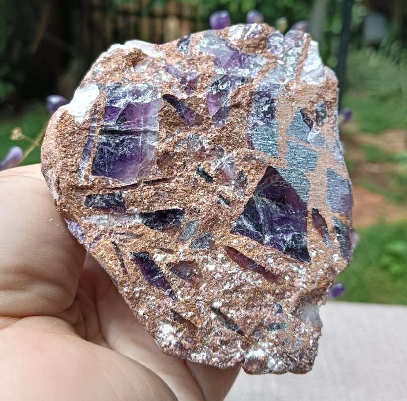 Beautiful Amethyst Gemstone Pebble Bonsai Tree on a Garnet Like Embedded Methamorphic Rock Slab Base