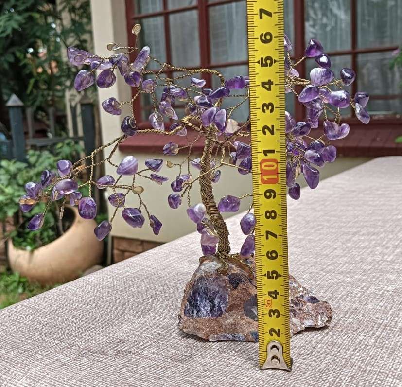 Beautiful Amethyst Gemstone Pebble Bonsai Tree on a Garnet Like Embedded Methamorphic Rock Slab Base