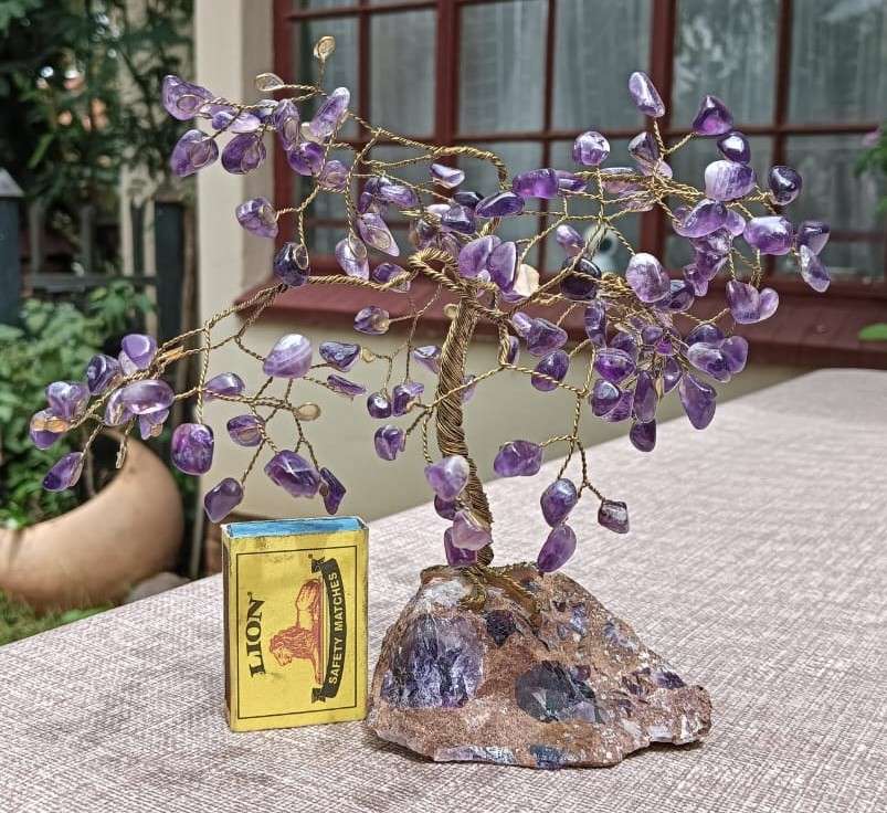 Beautiful Amethyst Gemstone Pebble Bonsai Tree on a Garnet Like Embedded Methamorphic Rock Slab Base
