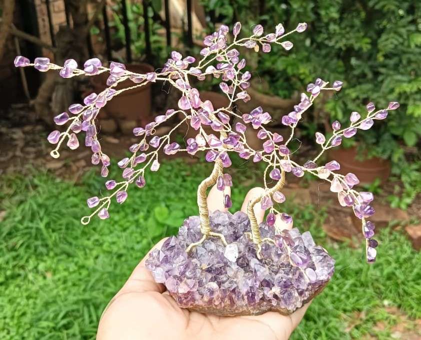 Royal Pair of Amethyst Gemstone Pebble Bonsai Trees on an Amethyst Chrystal Slab Base