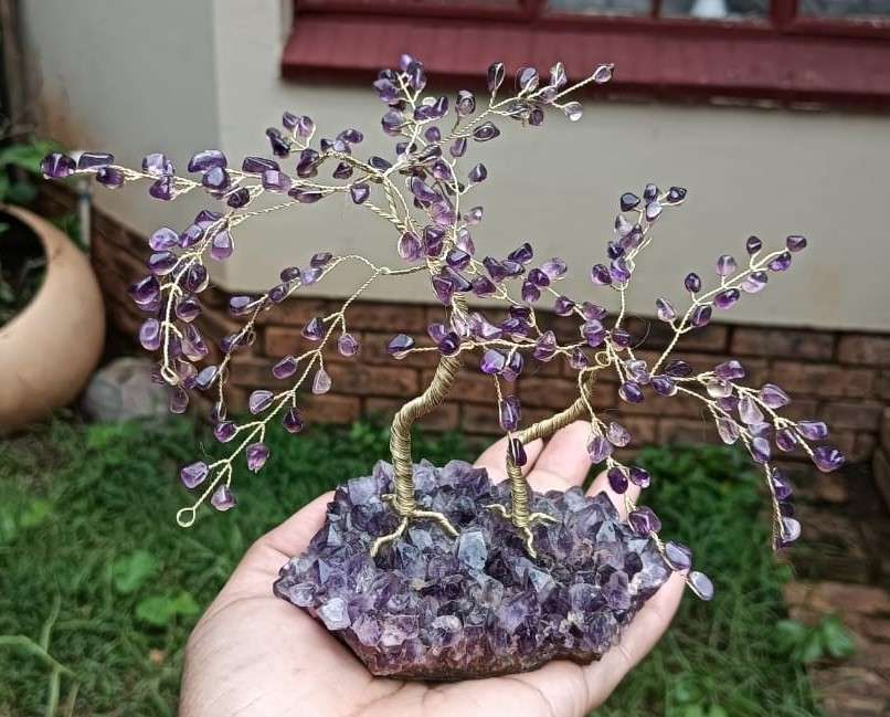 Royal Pair of Amethyst Gemstone Pebble Bonsai Trees on an Amethyst Chrystal Slab Base