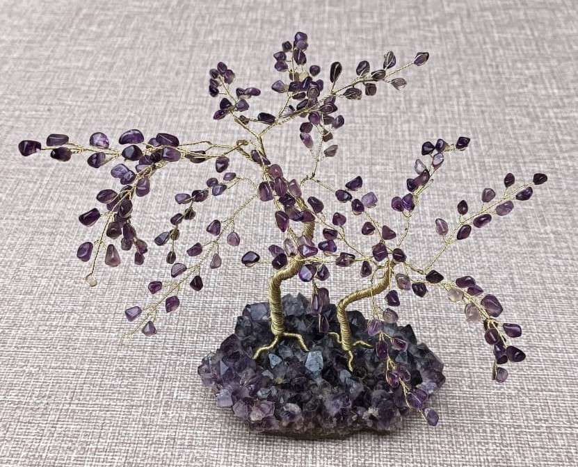 Royal Pair of Amethyst Gemstone Pebble Bonsai Trees on an Amethyst Chrystal Slab Base