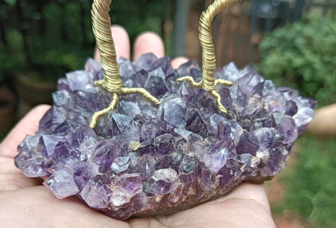 Royal Pair of Amethyst Gemstone Pebble Bonsai Trees on an Amethyst Chrystal Slab Base