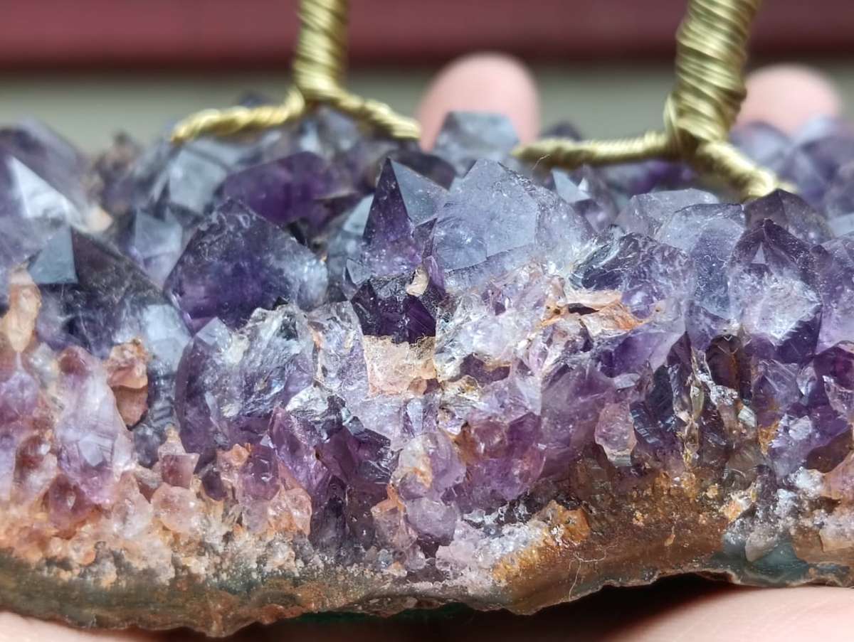 Royal Pair of Amethyst Gemstone Pebble Bonsai Trees on an Amethyst Chrystal Slab Base