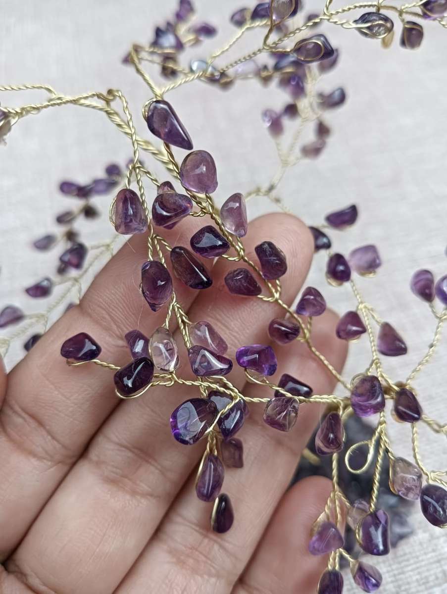 Royal Pair of Amethyst Gemstone Pebble Bonsai Trees on an Amethyst Chrystal Slab Base
