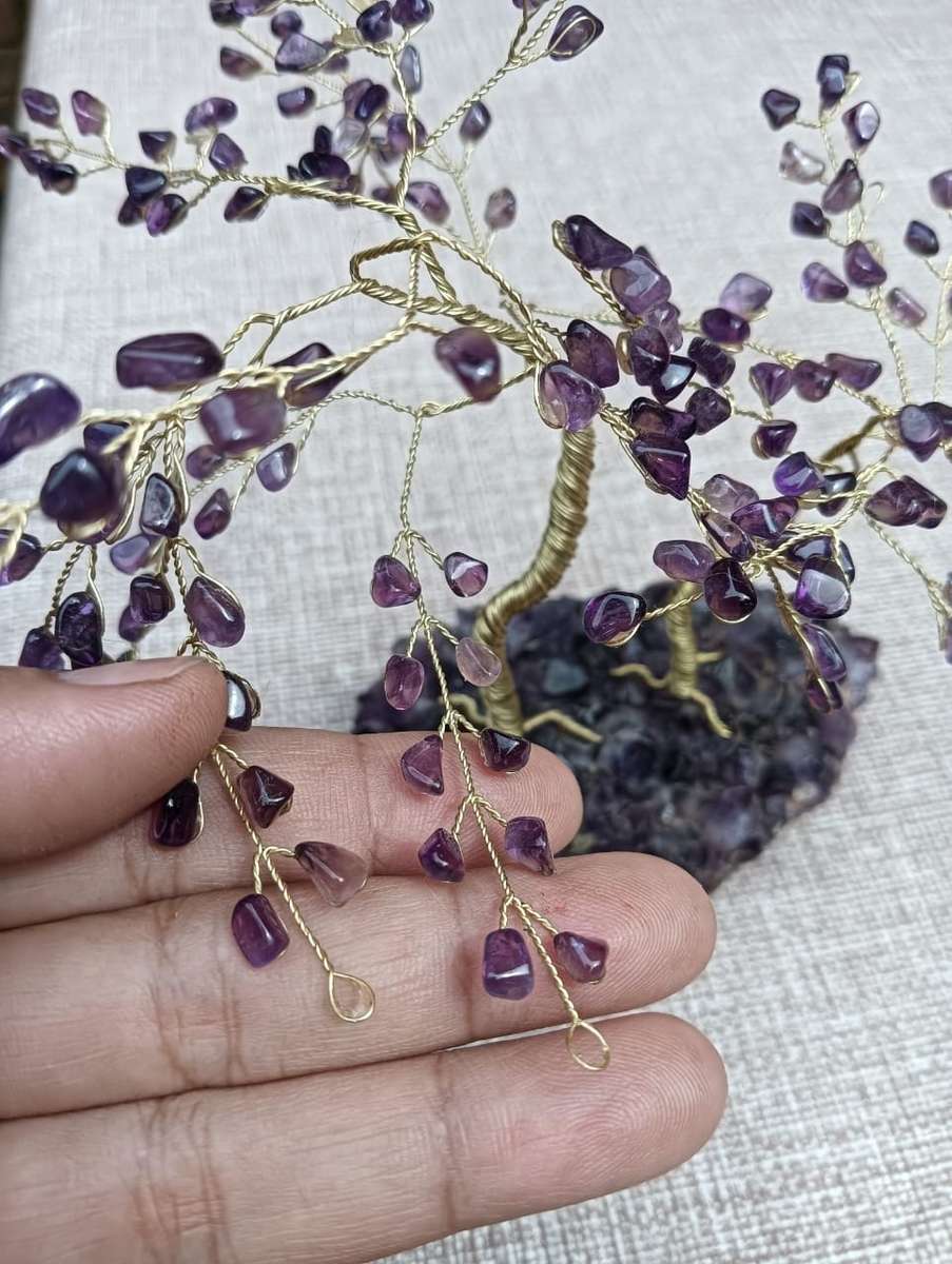 Royal Pair of Amethyst Gemstone Pebble Bonsai Trees on an Amethyst Chrystal Slab Base