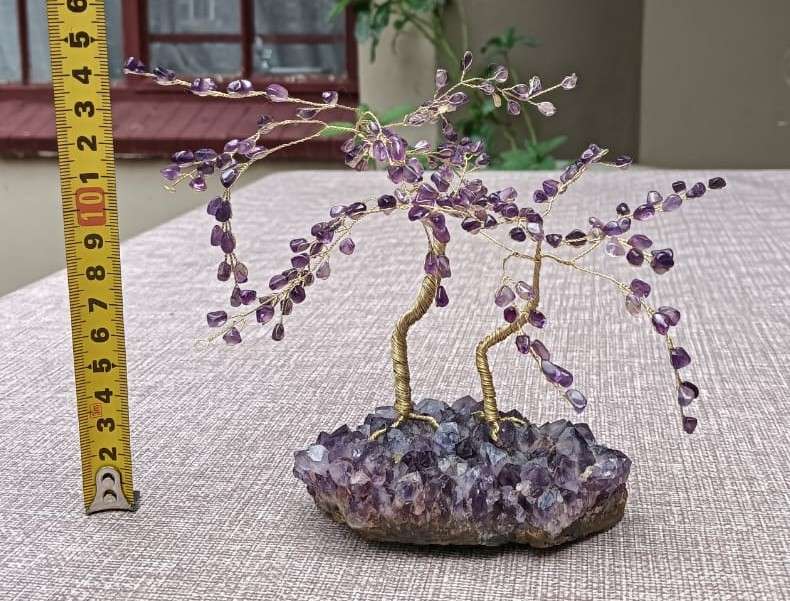 Royal Pair of Amethyst Gemstone Pebble Bonsai Trees on an Amethyst Chrystal Slab Base
