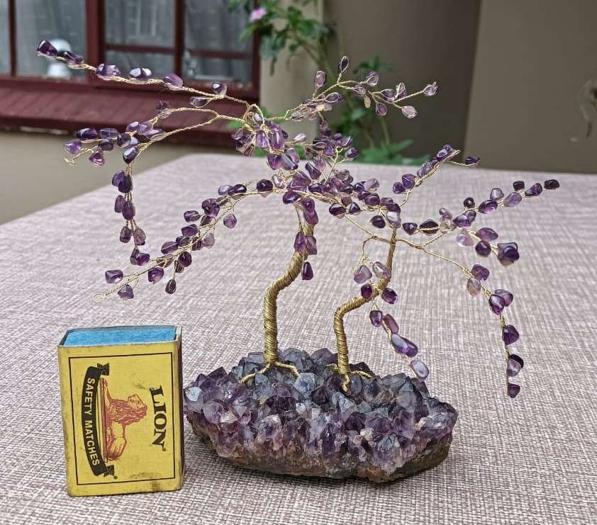 Royal Pair of Amethyst Gemstone Pebble Bonsai Trees on an Amethyst Chrystal Slab Base