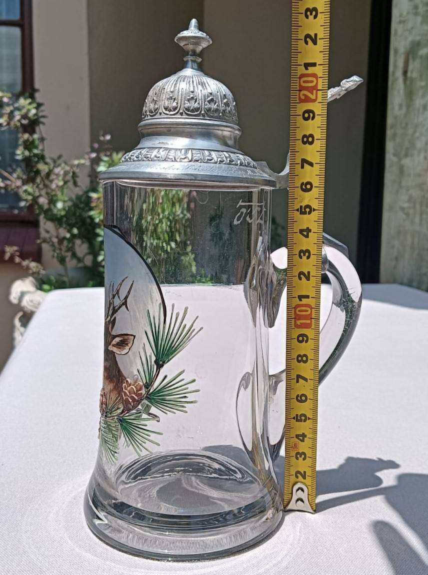 German Hunting Deer Glass Beer Tankard 0.5L Thumb Lift Pewter Lid 1926 Austrian Shooting Club Engrav