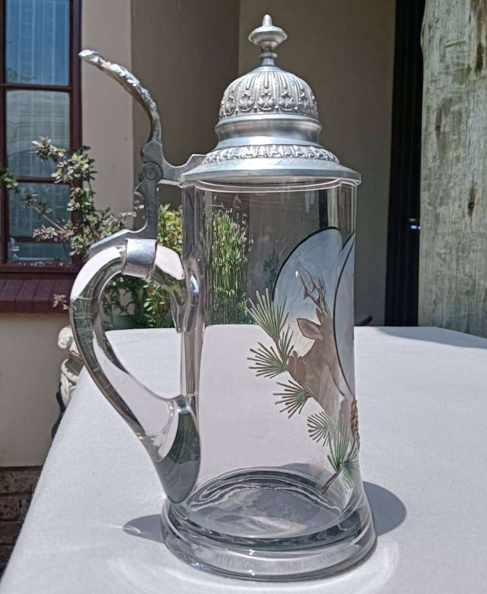 German Hunting Deer Glass Beer Tankard 0.5L Thumb Lift Pewter Lid 1926 Austrian Shooting Club Engrav