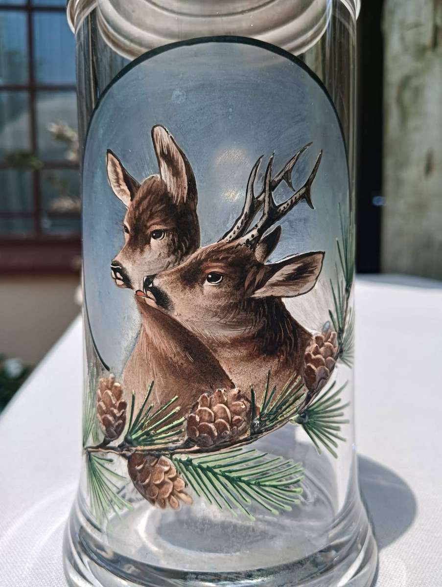 German Hunting Deer Glass Beer Tankard 0.5L Thumb Lift Pewter Lid 1926 Austrian Shooting Club Engrav