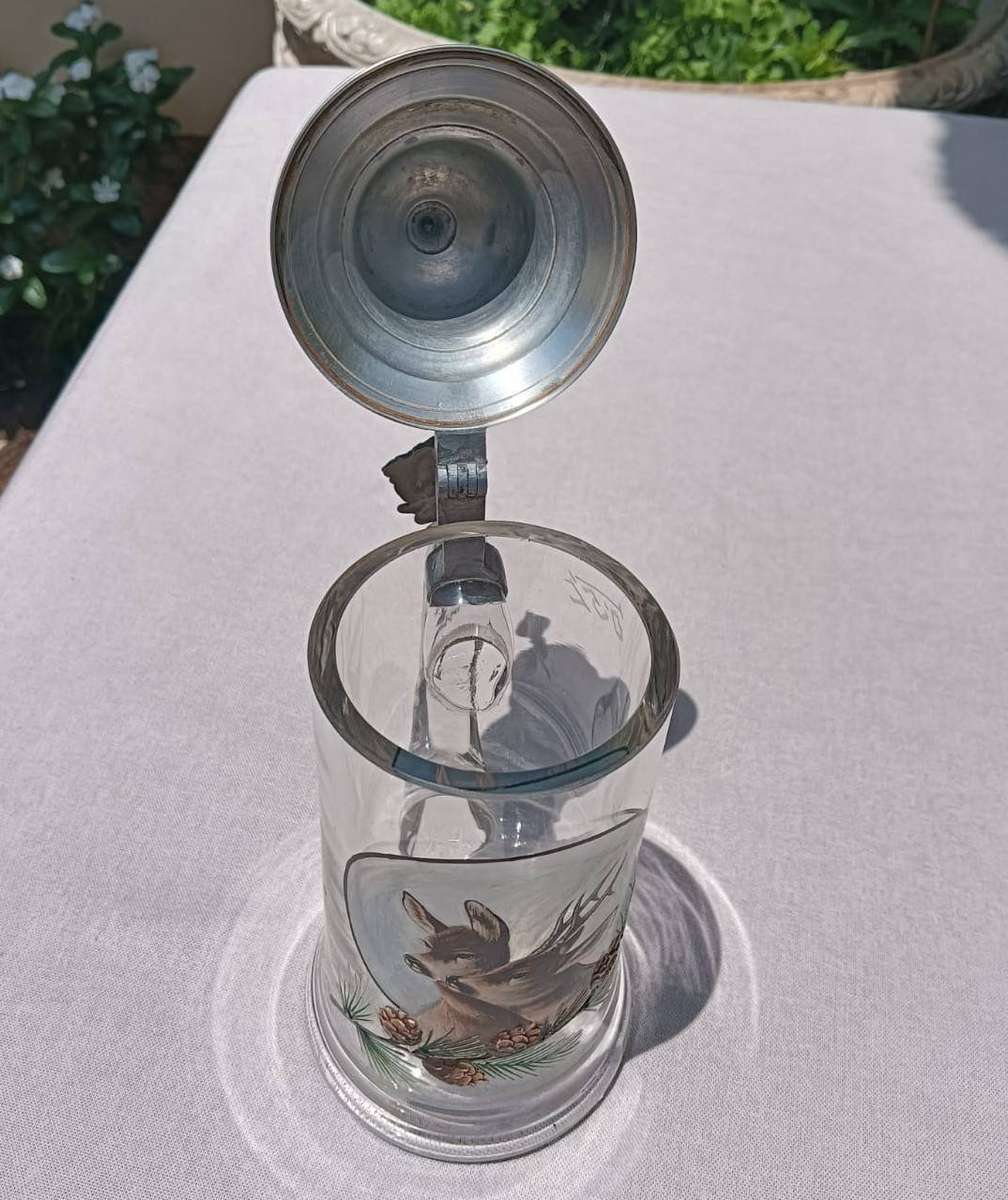 German Hunting Deer Glass Beer Tankard 0.5L Thumb Lift Pewter Lid 1926 Austrian Shooting Club Engrav