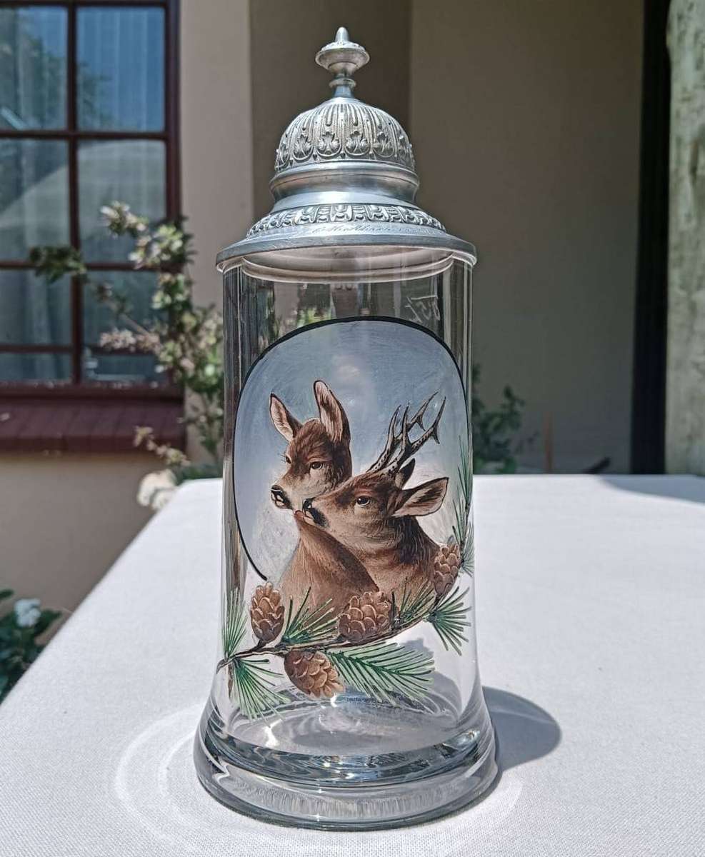 German Hunting Deer Glass Beer Tankard 0.5L Thumb Lift Pewter Lid 1926 Austrian Shooting Club Engrav