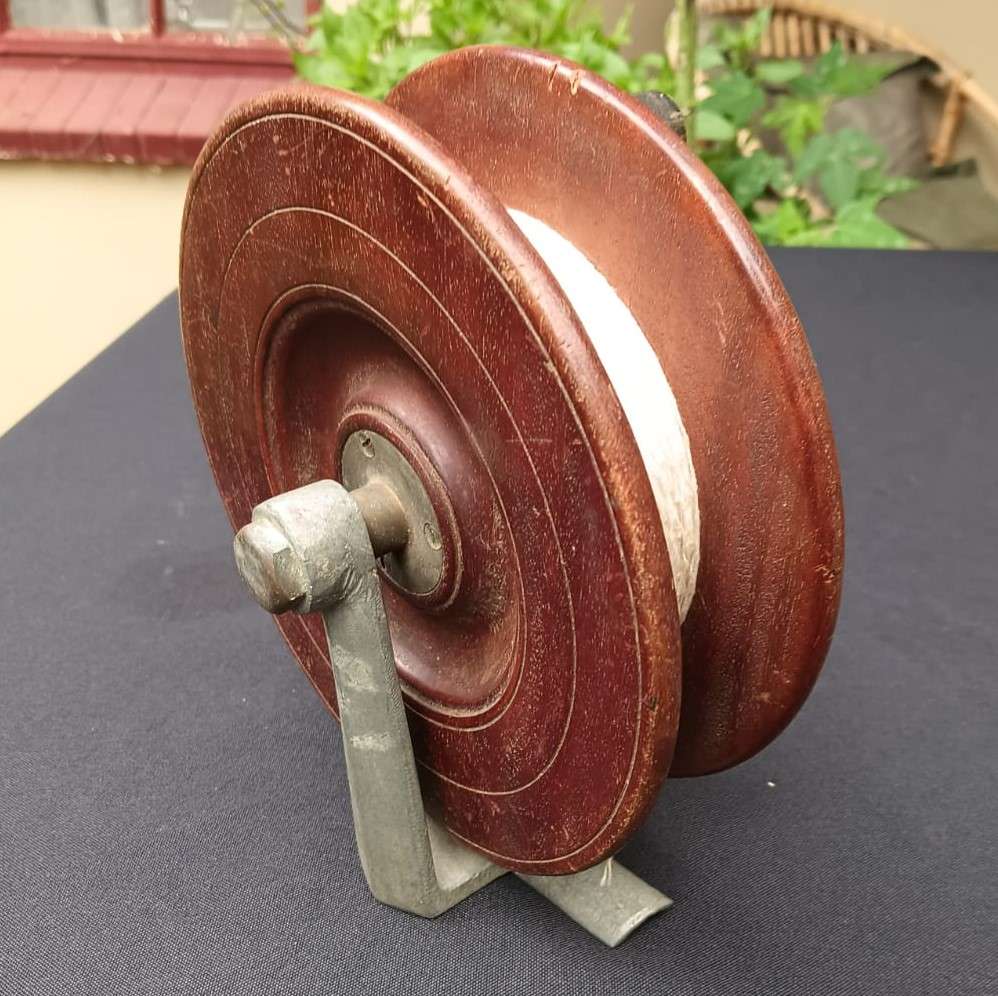 Cool 1920s Spearback Nottingham Wooden Fishing Reel with Two Handles and Cotton Cord Line