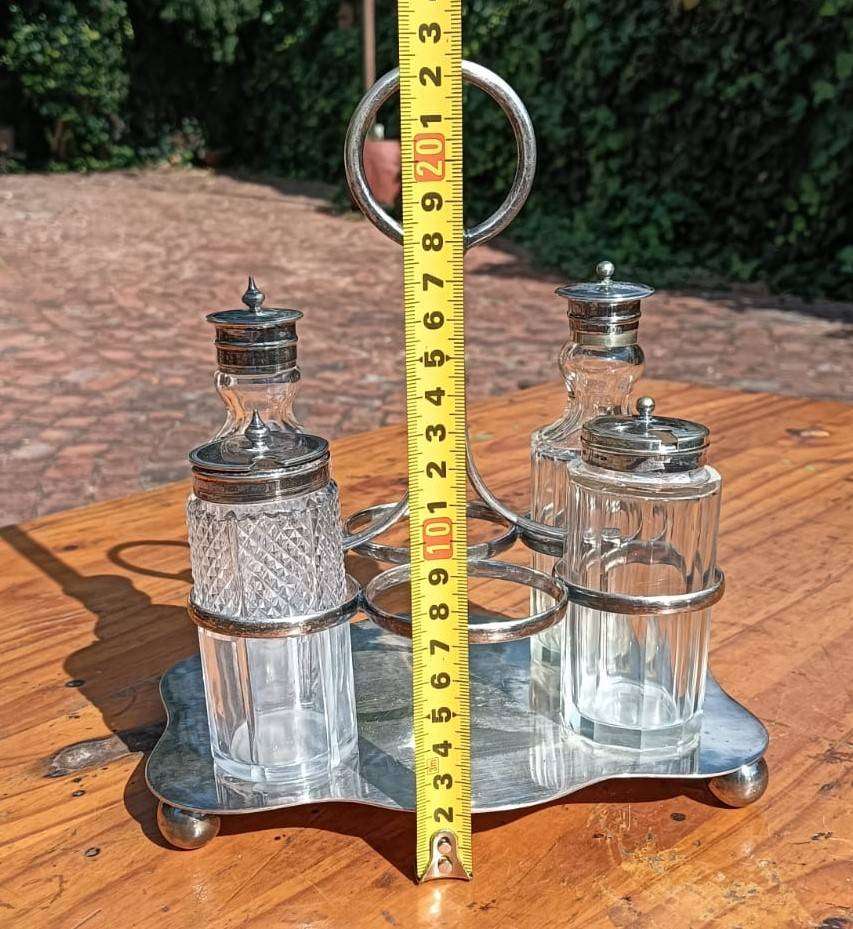 Edwardian Silverplated Cruet Set with 4 Condiment (Salt, Pepper, Jam, Mustard) Glass Containers