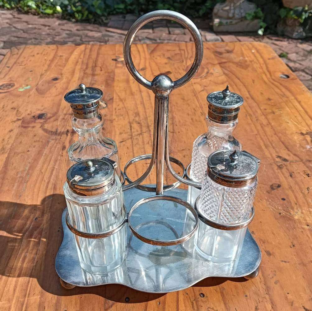Edwardian Silverplated Cruet Set with 4 Condiment (Salt, Pepper, Jam, Mustard) Glass Containers