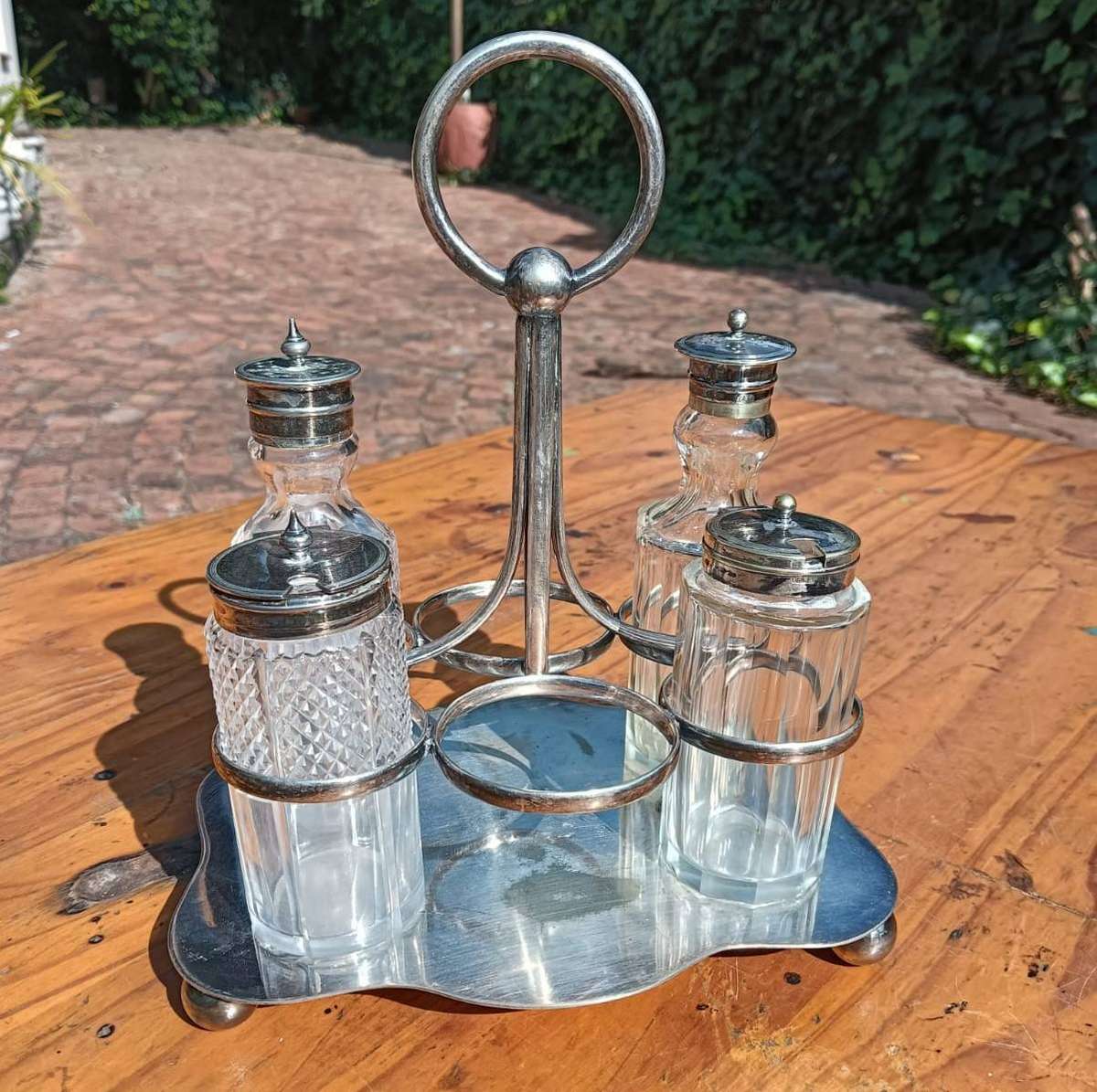Edwardian Silverplated Cruet Set with 4 Condiment (Salt, Pepper, Jam, Mustard) Glass Containers
