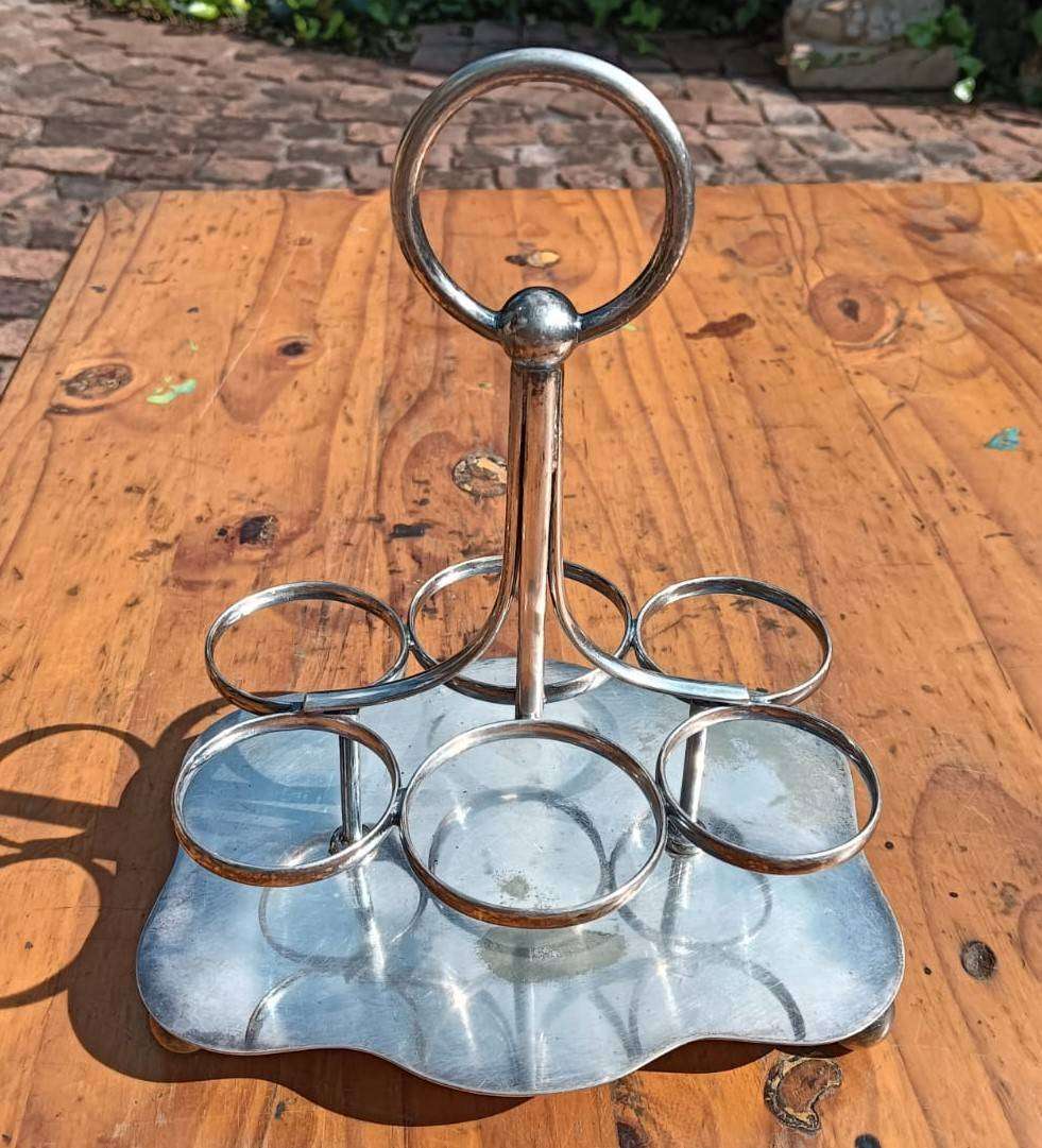 Edwardian Silverplated Cruet Set with 4 Condiment (Salt, Pepper, Jam, Mustard) Glass Containers