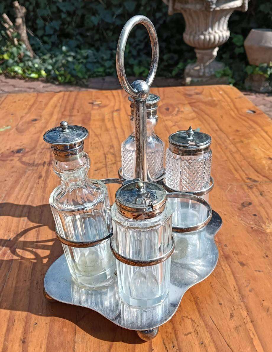 Edwardian Silverplated Cruet Set with 4 Condiment (Salt, Pepper, Jam, Mustard) Glass Containers