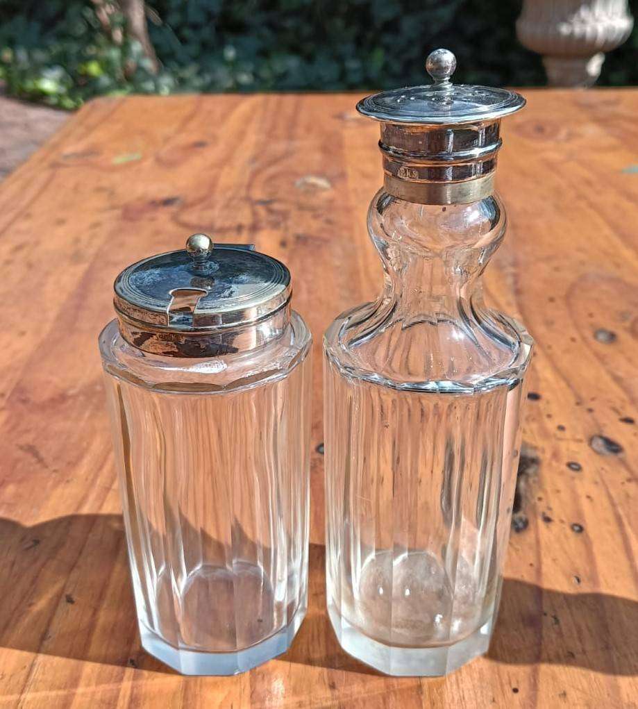 Edwardian Silverplated Cruet Set with 4 Condiment (Salt, Pepper, Jam, Mustard) Glass Containers