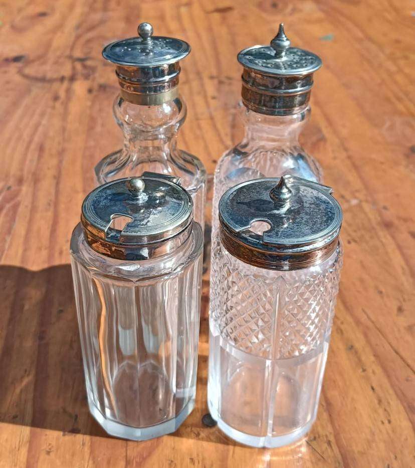 Edwardian Silverplated Cruet Set with 4 Condiment (Salt, Pepper, Jam, Mustard) Glass Containers