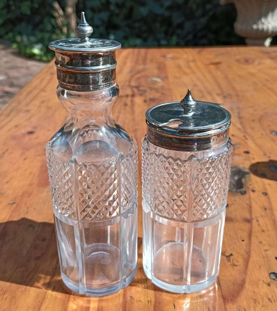 Edwardian Silverplated Cruet Set with 4 Condiment (Salt, Pepper, Jam, Mustard) Glass Containers