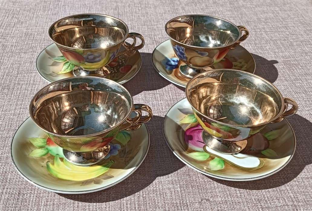 Four(4) Gold Gilded Porcelain Duos - Vintage Italian Balboa Fruit Design - Handmade and Hand Painted