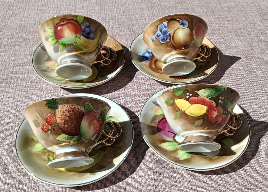 Four(4) Gold Gilded Porcelain Duos - Vintage Italian Balboa Fruit Design - Handmade and Hand Painted