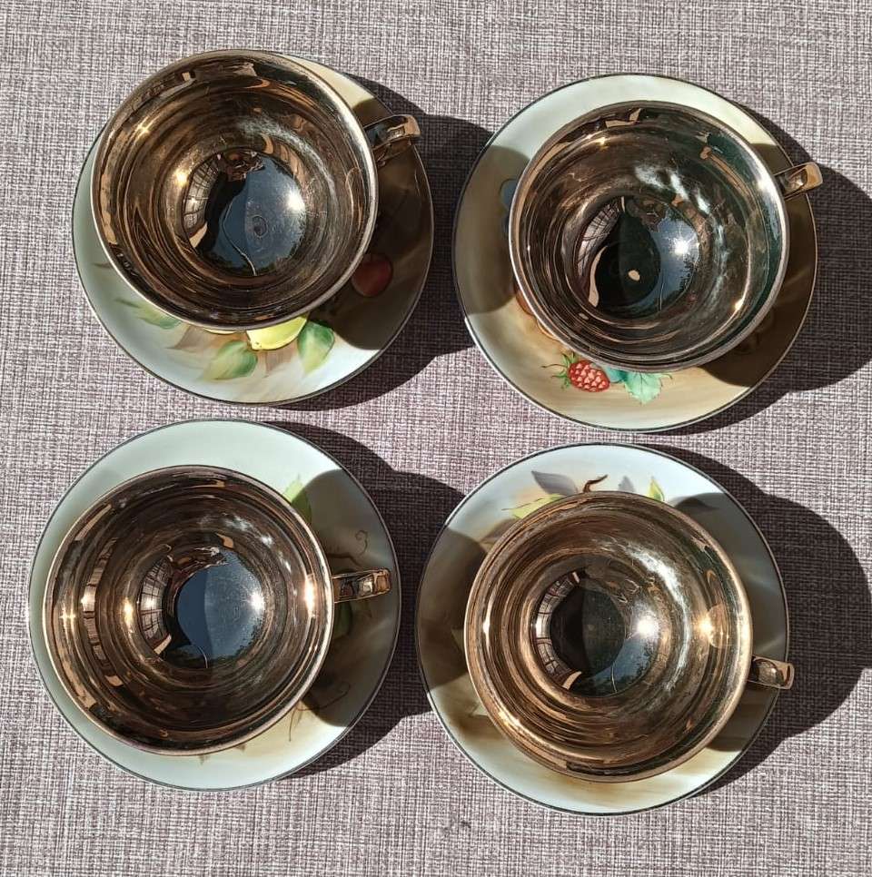 Four(4) Gold Gilded Porcelain Duos - Vintage Italian Balboa Fruit Design - Handmade and Hand Painted