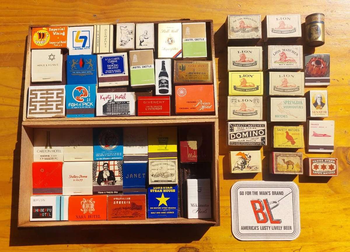 Vintage Matchbook and Matchbox Collection (51 Match books/boxes) in an old Uiltjie Cigar Box