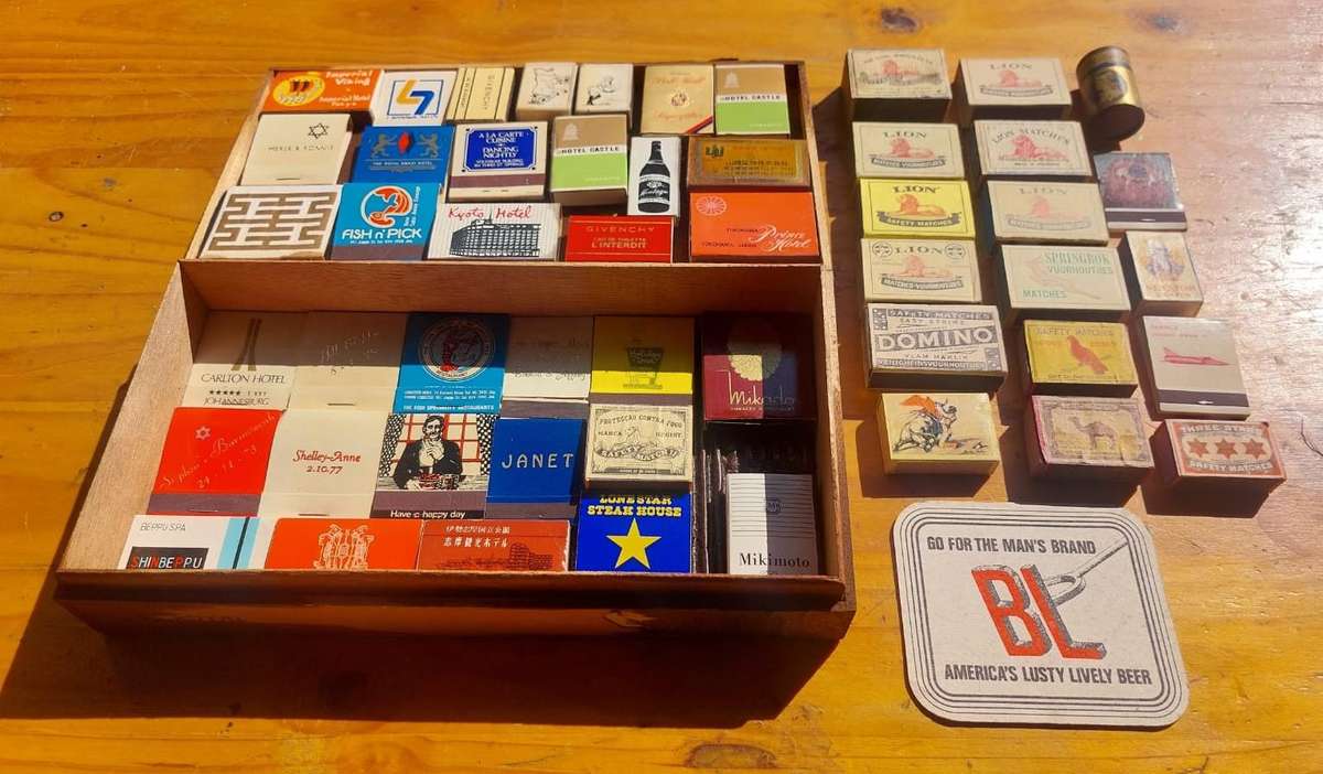 Vintage Matchbook and Matchbox Collection (51 Match books/boxes) in an old Uiltjie Cigar Box