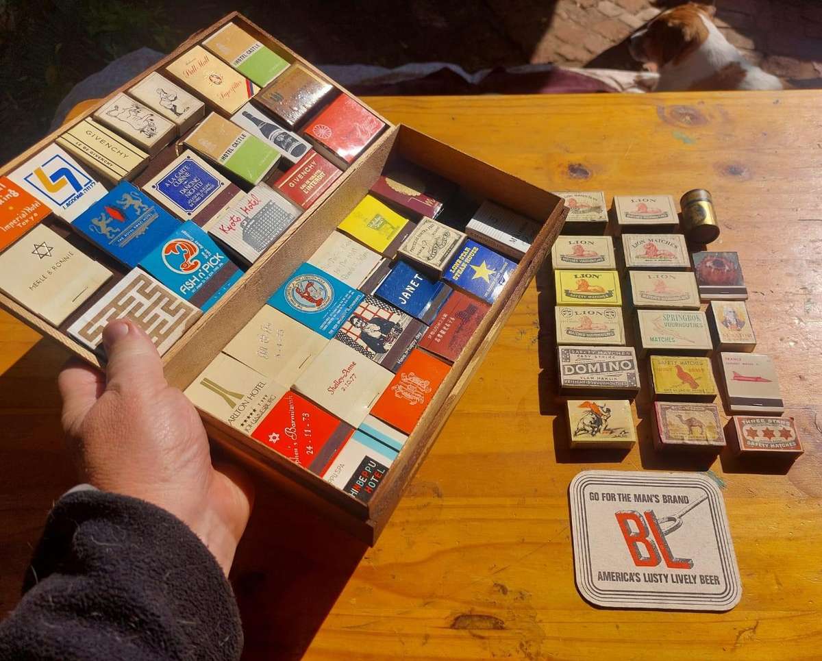 Vintage Matchbook and Matchbox Collection (51 Match books/boxes) in an old Uiltjie Cigar Box