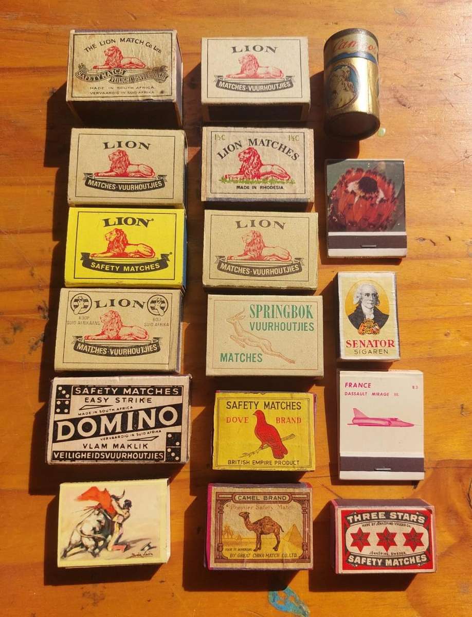 Vintage Matchbook and Matchbox Collection (51 Match books/boxes) in an old Uiltjie Cigar Box
